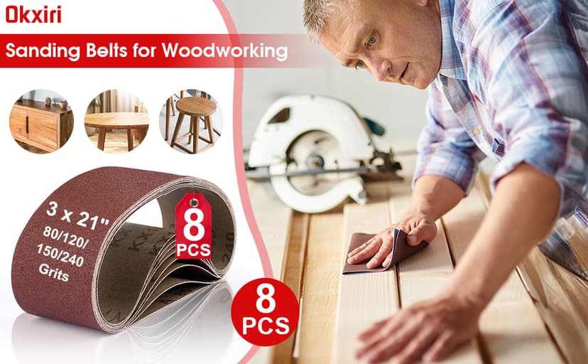 Belt Sander Sanding Belts, 8 Pcs Belt Sander Paper (2 Each of 80 120 150 240 Grits), Aluminum Oxide for Woodworking Polishing (3 x 21 inch)