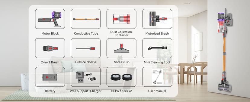 Coovy Cordless Vacuum Cleaner SU7, 580W 45Kpa 70 Minutes Runtime Stick Vacuum with Touch Screen, Anti-Tangle Wireless Powerful Lightweight Vac for Home Pet Hair Carpet Hardwood, Gold