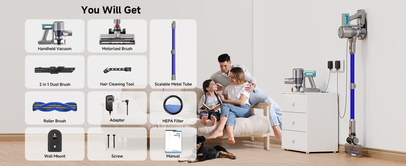 Cordless Vacuum Cleaner, 8 in 1 Powerful Stick Vacuum with 50Mins Rechargeable Battery, Vacuum Cleaners for Home Anti-Tangled Lightweight Handheld Vacuum for Hardwood Floor, Carpets, Pet Hair, Blue