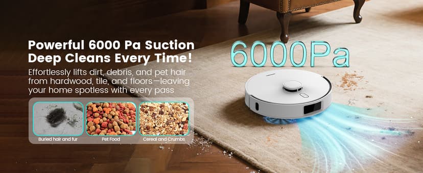 AIRROBO T30+ Robot Vacuum and Mop, 60-Day Self-Emptying, Proactive Intelligence Obstacle Avoidance, Carpet Detection, Tangle-Free Brush, 6000PA Suction, LDS Mapping, APP & Voice Control