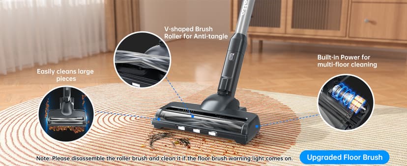 FABULETTA Cordless Vacuum Cleaner, 35Kpa Vacuum Cleaners for Home, Max 50 Mins Runtime, Self-Standing Design, 5-Layer Filtration System, Anti-Tangle Brush, LED Display, Lightweight