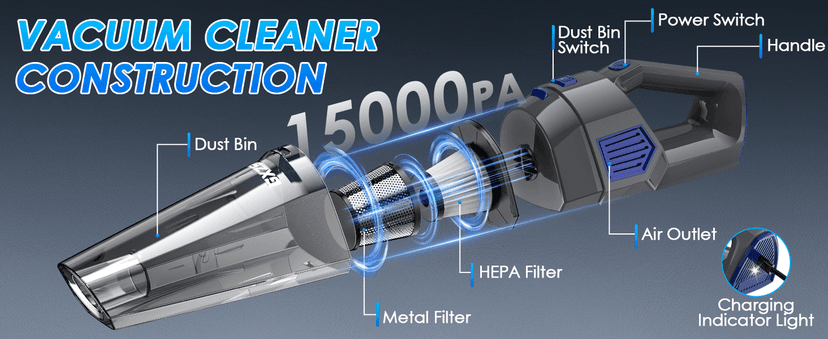 Handheld Vacuum Cordless, 15000PA Strong Suction Hand Held Car Vacuum Cleaner Rechargeable, Portable Hand Vacuum with Multi-Nozzles & Washable Filter for Home Office, Car, Pets