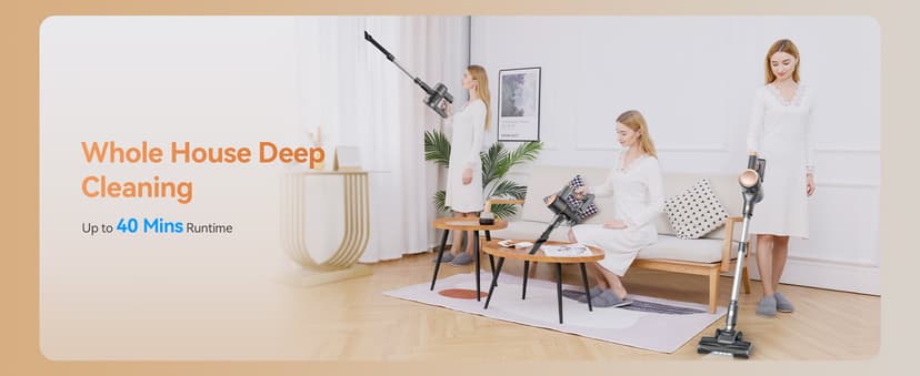 N8 Cordless Vacuum Cleaner, Lightweight Stick Vacuum with Powerful Suction, 2200mAh Battery, 40 Mins Runtime, Self-Standing, Rechargeable Vacuum Cleaners for Home Hardwood Floor Carpet Pet Hair (Gold)