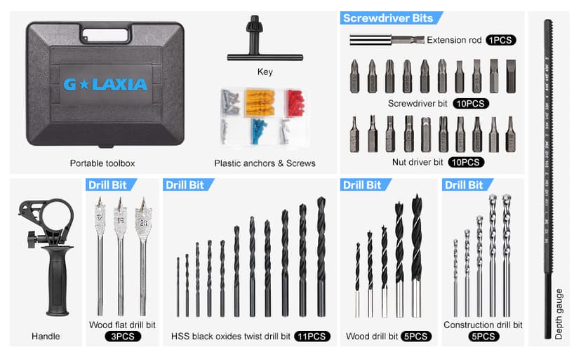 Hammer Drill, 4.5A 1/2 Corded Hammer Kit, 0-3000RPM Variable Speed Impact Drill with 105pcs Drill Bit Set, Carrying Case Included