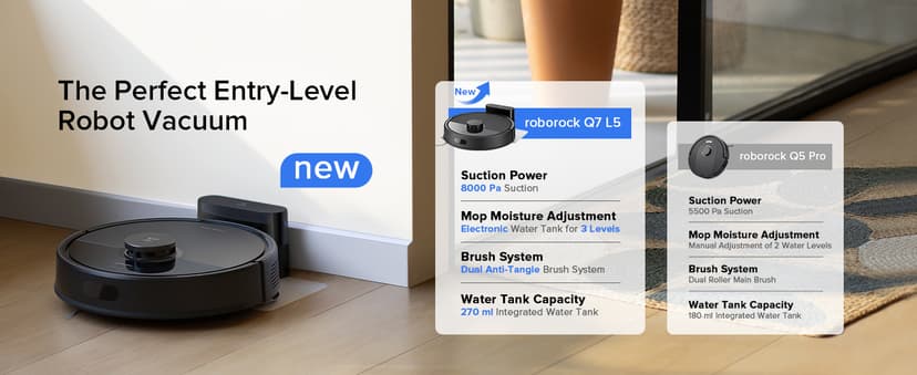 roborock Q7 L5 Robot Vacuum and Mop Combo, 8,000Pa Suction, Upgraded from Q5 Pro, Dual Anti-Tangle System, LiDAR Navigation, Multi-Level Mapping, Self-Charging Robotic Vacuum Cleaner, Black