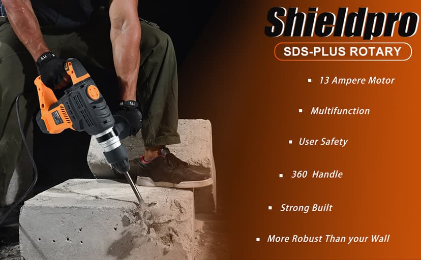 SHIELDPRO 1-1/4 Inch SDS-Plus 13 Amp Rotary Hammer Drill Heavy Duty, Safety Clutch 3 Functions with Vibration Control,Including Grease, Flat Chisels, Point Chisels and 3 Drill Bits