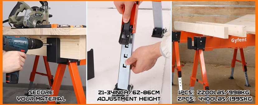 Saw Horses 2 Pack, 4400Lbs Load Capacity Saw Horse Folding Heavy Duty Sawhorses 21-34in Adjustable Height Professional Saw Horse with 2x4 Bracket for Woodworking Carpenters Contractors, Orange