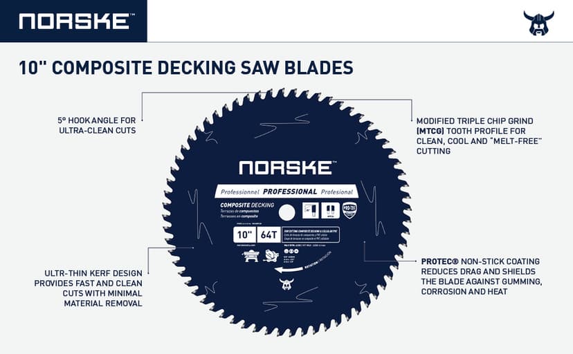 Norske Tools NCSBP228 10 inch x 64T Composite Decking (Trex) and Bamboo Decking Saw Blade with 5/8 inch Bore Japanese Steel