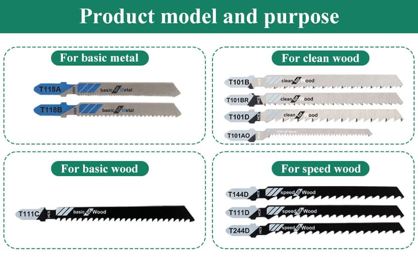 Jigsaw Blades, 10 Piece Jig Saw Blades, Assorted T-Shank jig Saw Blades for Wood, Metal and Plastic Cutting(T111D, T101AO, T101BR, T101D, T101B, T118A, T118B, T144D, T244D,T111C)