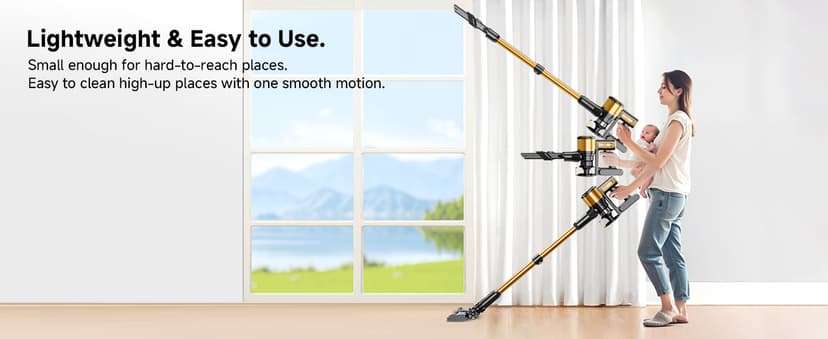 Cordless Vacuum Cleaner, 8 in 1 Powerful Stick Vacuum with 45min Runtime, Anti-Tangle Vacuum Cleaners for Home, Lightweight Handheld Wireless Vacuum for Hardwood Floor Carpet pet Hair, Gold