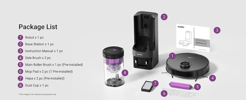 Eureka E20 Plus Robot Vacuum with Bagless Self Emptying Station, Robotic Vacuum and Mop Combo, 45-Day Capacity, Upgraded 8000Pa Suction and Anti Hair-Tangling Brush, LiDAR Navigation, App Control