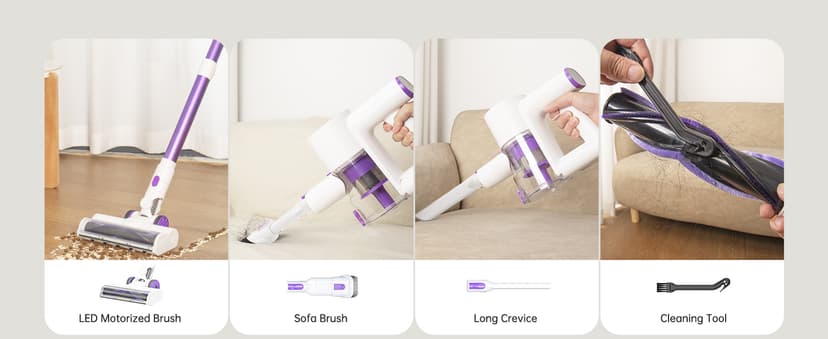 FABULETTA Cordless Vacuum Cleaner for Home, 500W Lightweight Vacuum Cleaner with MAX 50 Min Detachable Battery, Brushless Motor, 6 in 1 Stick Vacuum for Hardwood Floors and Carpet Pet Hair Car(Purple)