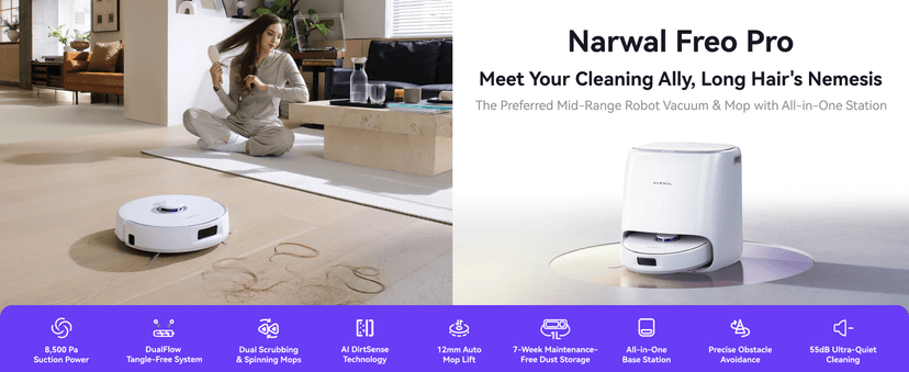 NARWAL Freo Pro Robot Vacuum and Mop Combo, Tangle Free Robot Mop, 8500Pa Powerful Suction, Self-Emptying, Auto Mop Washing, Auto Drying, Obstacle Avoidance, Ideal for Pet Hair and Hard Floor
