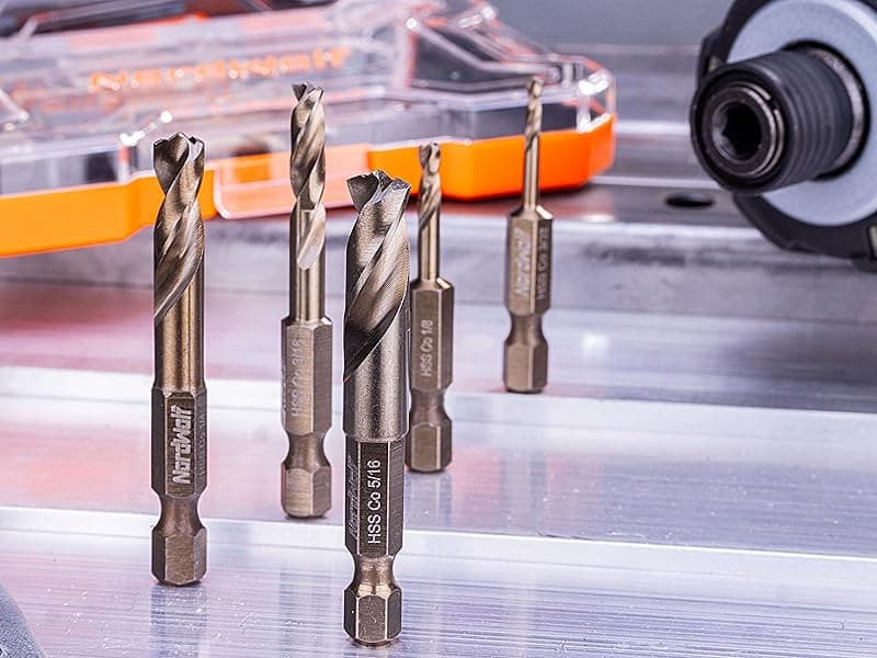 NordWolf 5-Piece M35 Cobalt Stubby Drill Bit Set for Stainless Steel & Hard Metals, with 1/4" Hex Shank for Quick Chucks & Impact Drivers, SAE Sizes 3/32"-1/8"-3/16"-1/4"-5/16" in Storage Case