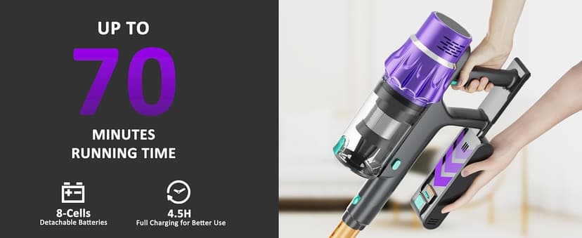 Cordless Vacuum Cleaner, 50KPA/70Mins Vacuum Cleaners for Home with Auto Dust Detection/LED Touch Display, Stick Vacuum Cordless Rechargeable, Pet Vacuum for Pet Hair,Hardwood Floor,Carpet
