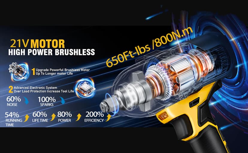 1/2 inch Cordless Impact Wrench,650Ft-lbs (800N.m) Brushless Power Impact Driver,3000RPM High Torque Impact Gun,2x 4.0 Battery, 5 Sockets,8 Drill,6 Screws for Home Car Tires Truck Mower