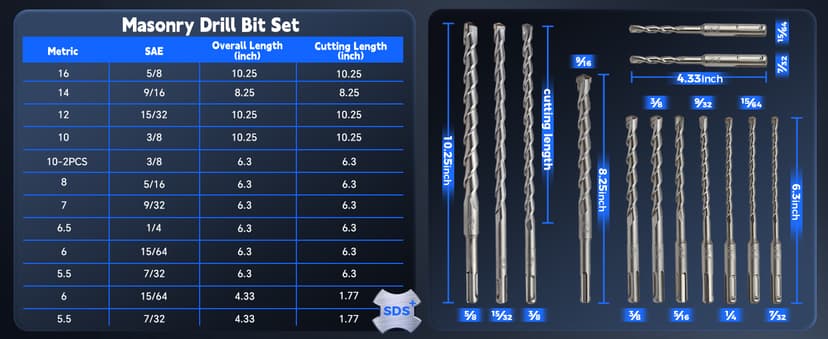 COMOWARE Rotary Hammer Drill Bits Set & Chisels- SDS Plus Concrete Masonry Hole Tool 17pcs with Storage Case