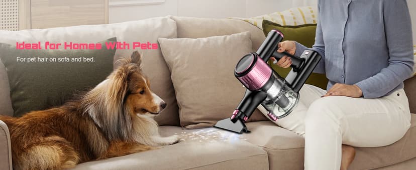 Cordless Vacuum Cleaner, 10 in 1 Stick Vacuum with Powerful Suction, Hose, Green LED Light, Anti-Tangle Brush, Lightweight Rechargeable Vacuum Cleaner for Home, Hardwood Floors, Carpets, Pet Hair,Pink