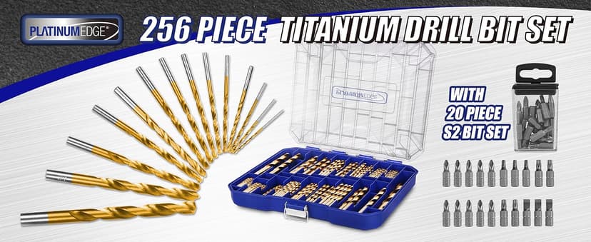 276pc Titanium Twist Drill Bit Set with S2 Bits 135° Tip High Speed Steel, Size from 1/16" up to 1/2", Ideal in Wood Cast Iron Aluminum Alloy Plastic Fiberglass, Clear Lid Case