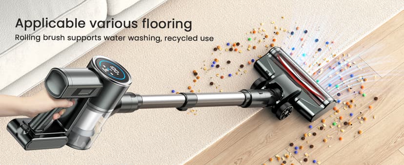 Cordless Vacuum Cleaner, 350W 35KPA 100Mins Runtime Powerful Stick Vacuum for home with Self-Standing, Touch Screen, Rechargeable Handheld Vacuum for Home/Pet Hair/Carpets/Hard Floors(2 Batteries)