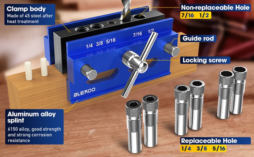 Self Centering Doweling Jig Kit, Drill Jig For Straight Holes Biscuit Joiner Set With 6 Drill Guide Bushings, Adjustable Width Drilling Guide Power Tool Accessory Jigs (Blue)