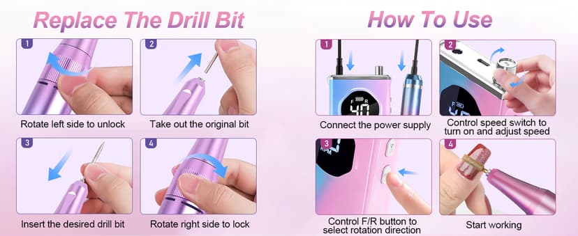 Electric Nail Drill File Professional 40000 RPM, Melodly Rechargeable Electric Nail File Machine Kit for Acrylic Gel Nails Polishing Removing, Portable Cordless Efile with Gold Bits Kit at Salon Home