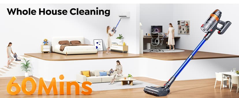 Cordless Vacuum Cleaner, 600W 45KPA with Upholstery Cleaning Tool, Stick Vacuum Cleaners for Home 60 Mins Runtime, Self-Standing, Wall Mount Charging, Rechargeable Vacuum for Floor Carpet Pet Hair