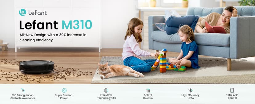 Lefant M310 Robot Vacuum Cleaner, 4500Pa Powerful Suction, PreciSense Obstacle Avoidance, Mini, Quite, 160 Mins Self-Charging Robotic Vacuums, App/Voice/Remote, Ideal for Pet Hair Hard Floors, Black