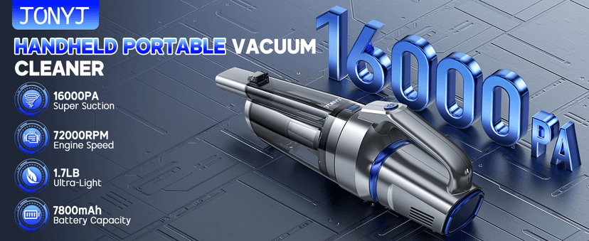 JONYJ Handheld Vacuum Cordless, 16000PA Strong Suction Hand Held Car Vacuum Cleaner, Portable Hand Vacuum Rechargeable with Multi-Nozzles & LED Light for Home, Car, Office, Pets