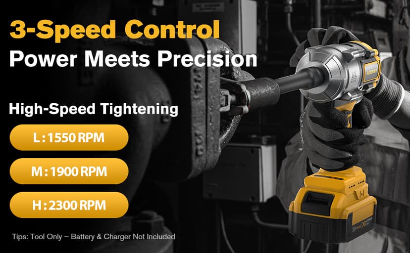 20V Cordless Impact Wrench for DeWalt Battery, 1500Nm (1106 Ft-Lbs) 1/2" Brushless Impact Gun, 3-Speed High Torque Power Tool for Tire Removal, Rusted Bolts, Heavy Equipment(No Battery)