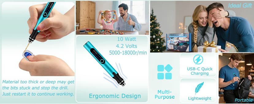 3-Speed Cordless Mini Drill Pen, Rechargeable DIY Electric Hand Drill with 10 Small Drill Bits, Micro Drill Set for Jewelry Making Stone Plastic Resin Keychains