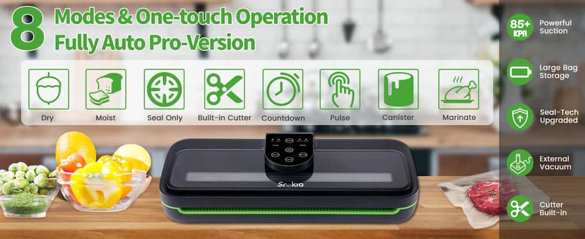 85kpa Food Vacuum Sealer Machine,Vacuum Sealer For Food with Cutter, Full Automatic Bag Sealer,Dry Moist Fresh Modes,10 Pre-cut Bags and Accessory Hose,Black