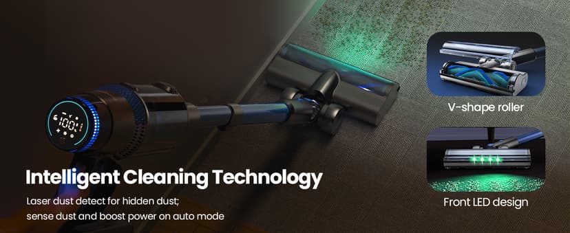 V25 Cordless Vacuum Cleaner, 680W 60Kpa Powerful Stick Vacuum with Dust Sensor, Digital Display, 4000mAh Rechargeable Battery up to 60Mins, Versatile for Pet Hair, Floor, Carpet (Sapphire)