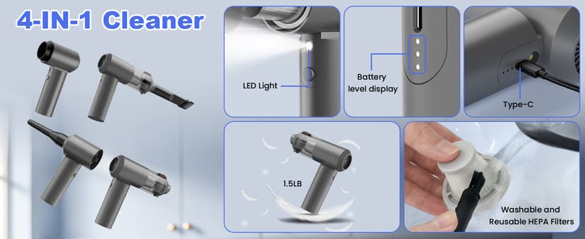 Car Vacuum Portable Cordless with 16000PA Ultra Suction 4-in-1 Foldable Air Duster & Brushless Motor Rechargeable Handheld Vacuum for Pet Hair, Car Seats, Home & Office Cleaning