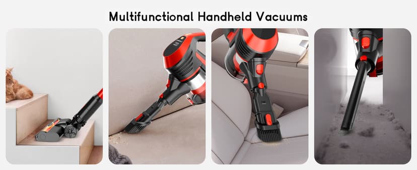 Cordless Vacuum Cleaner - Lightweight, 35Kpa Home Stick Vacuum, Smart Display & Removable Battery, Up to 45 Mins, 8 in 1 Portable Handhled Vacuum, Wall Mount Charging for Hardfloor, Carpet Red