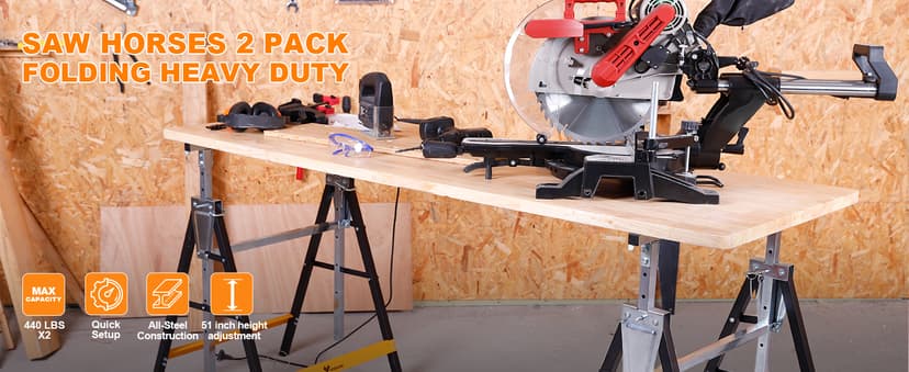 Metal Saw Horses 2 pack Folding Heavy Duty 880 lbs Load Capacity Saw Horse Adjustable 7 Level Height for Woodworking