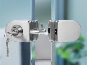 Ranbo Frameless Glass Door Floor Lock, Clamp-On No-Drill, 304 Stainless Steel, Fits 3/8"–1/2" (10–12 mm) Swing/Sliding Doors — Ideal for Office, Entrance,Storefront,Top or Bottom Mount,Brushed Nickel