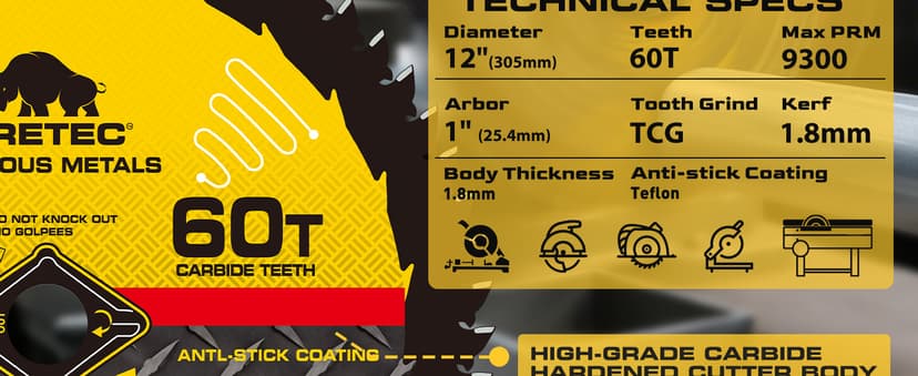 12BLADEST Blade for Cutting Mild Steel with 1" Arbor, for Circular and Chop Saws, No Heat, No Burrs & Virtually No Sparks, Carbide-Tipped TCT Blade for Cold Metal Cutting,12-Inch x 60-Tooth