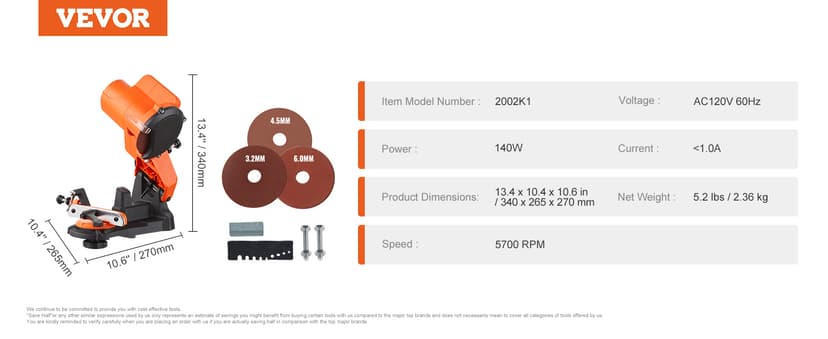 VEVOR Electric Chainsaw Sharpener, 140W Electric Saw Chain Blade Sharpener 5700RPM, Professional Bench Chain Saw Sharpening Tool with 3 Grinding Wheels Fit 0.25" to 0.404" Pitch Chains