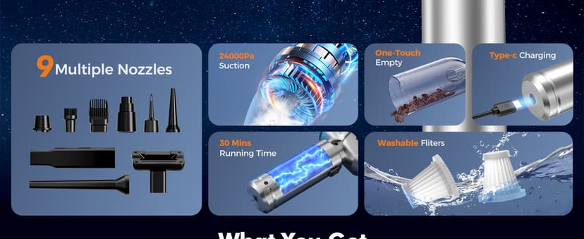 Car Vacuum,3 Suction Modes,Portable Mini Cordless Cleaner with 24000pa Suction Power,Type-C Charge,Handheld Vacuum for Home,Car, Office Desk, Keyboards(Silver White)