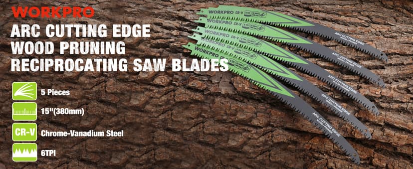 WORKPRO 15" Japanese Teeth Wood Pruning Reciprocating Saw Blades Set, Arc Cutting Edge 6TPI Pruning Saw Blades for Tree Pruning, Wood Cutting, Durable & Sharp, 5 Pack