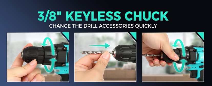 COMOWARE 20V Cordless Drill, Electric Power Drill Set with 1 Battery & Charger, 3/8” Keyless Chuck, 2 Variable Speed, 266 In-lb Torque, 25+1 Position and 34pcs Drill/Driver Bits