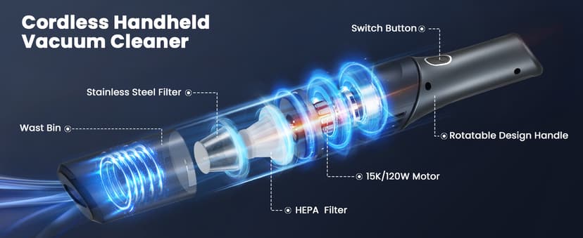 Cordless Car Vacuum Cleaner - Portable Handheld Vacuum with 90° Adjustable Handle,120W / 15000Pa Rechargeable Mini Dust Buster for Cars,Carpets and Pet Hair