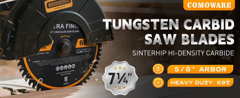 COMOWARE 7 1/4“ Circular Saw Blade, 60T ATB Circular Saw Blade, 5/8" Arbor, TCT Carbide-Tipped, Anti-Vibration, Teflon Anti-Stick, Miter Saws Blades for Wood, Laminate, Plywood & Hardwoods