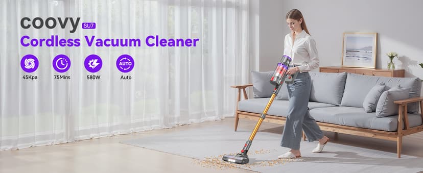 Coovy Cordless Vacuum Cleaner SU7, 580W 45Kpa 70 Minutes Runtime Stick Vacuum with Touch Screen, Anti-Tangle Wireless Powerful Lightweight Vac for Home Pet Hair Carpet Hardwood, Gold