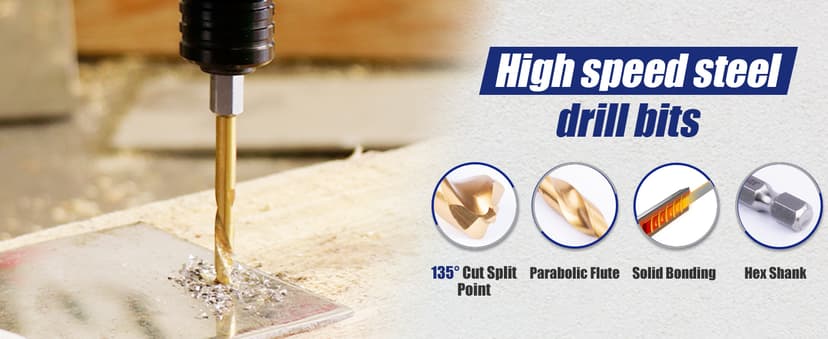 JEFE HEX 15 Pcs Hex Shank Drill Bit Set, HSS Impact Driver Bit Set for Metal, Quick Change Design, Titanium Twist Drill Bits for Steel, Aluminum, Copper, Plastic, Sizes from 1/16" to 3/8" DIY