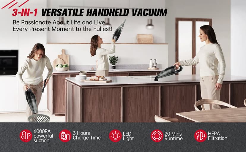 Handheld Vacuum Cordless Rechargeable, Car Vacuum Portable, Mini Vac for Pet Hair, Hand Vacuum Cleaner Car Seats, Home, Quick Cleanup, Strong Suction, Lightweight