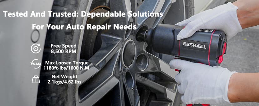 BESWELL® 1/2" High Torque Air Impact Wrench with Up to Real 1180 Foot-Pounds Max Loosen Torque Output-BW-112BN