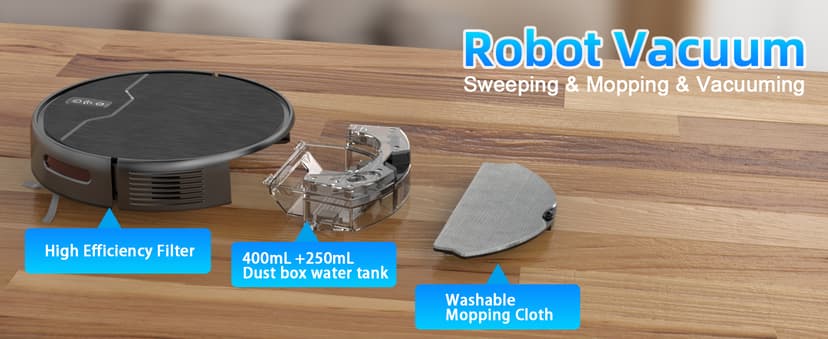 Robot Vacuum and Mop Combo, Robot Vacuum Cleaner, 6 Cleaning Modes, Large Capacity Water Tank Dustbin, Self-Charging, WiFi/App/Alexa, Ideal for Hard Floor, Carpet, Pet Hair