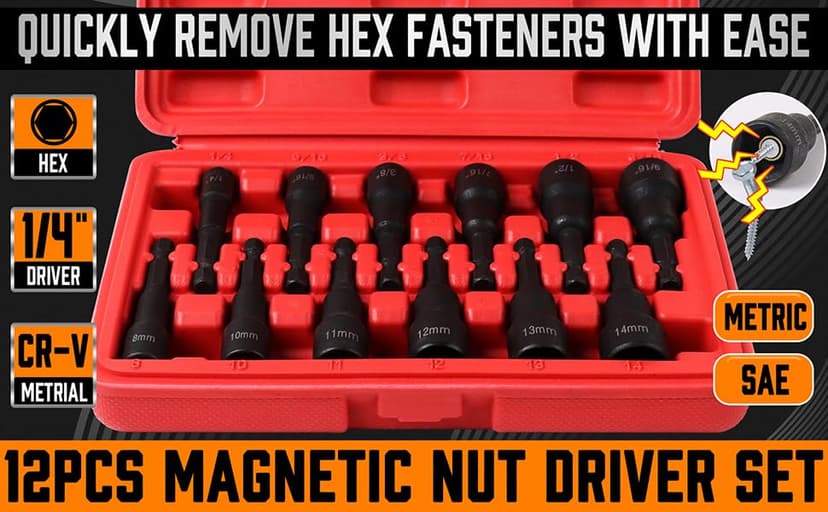 12-Piece Magnetic Nut Driver Set - Premium Impact Power Hex Nut Driver Drill Bit Master Kit, SAE & Metric, 1/4-Inch Quick-Change